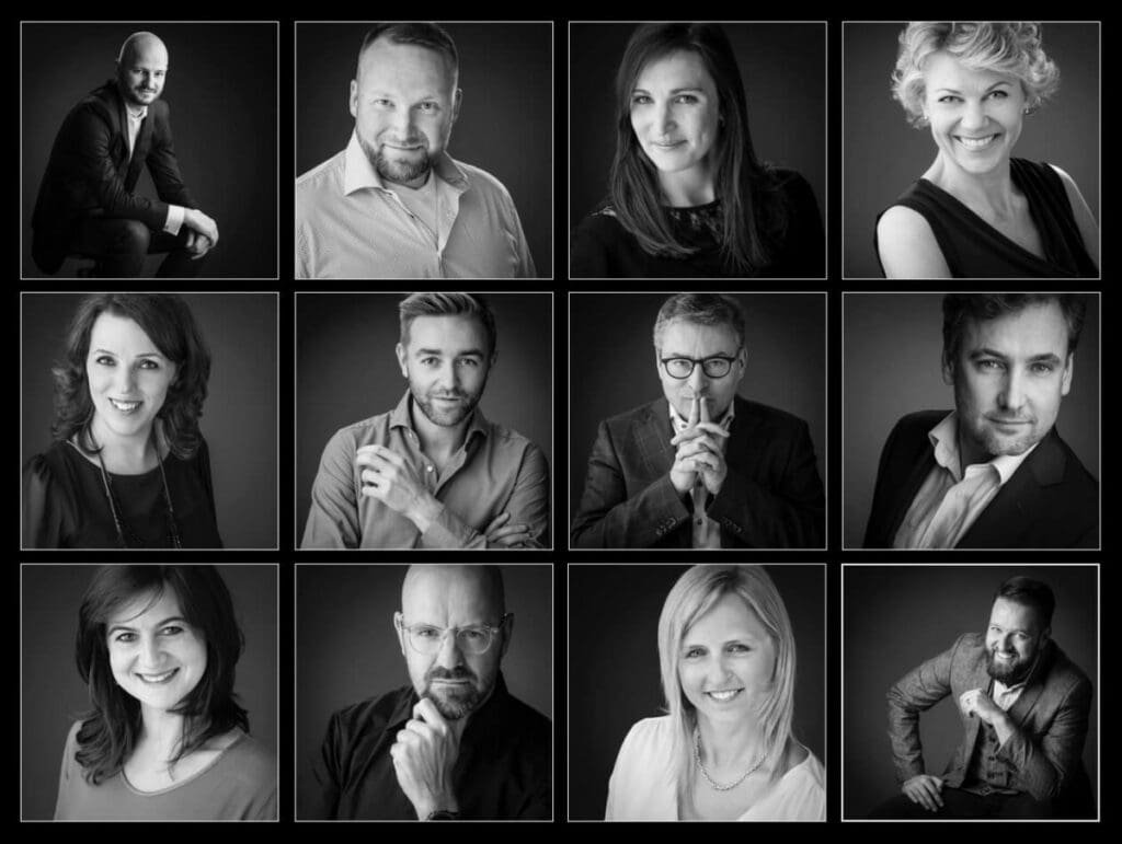 Raster van zakelijke profielfoto’s: in een klein formaat valt een duidelijk gezicht meteen op