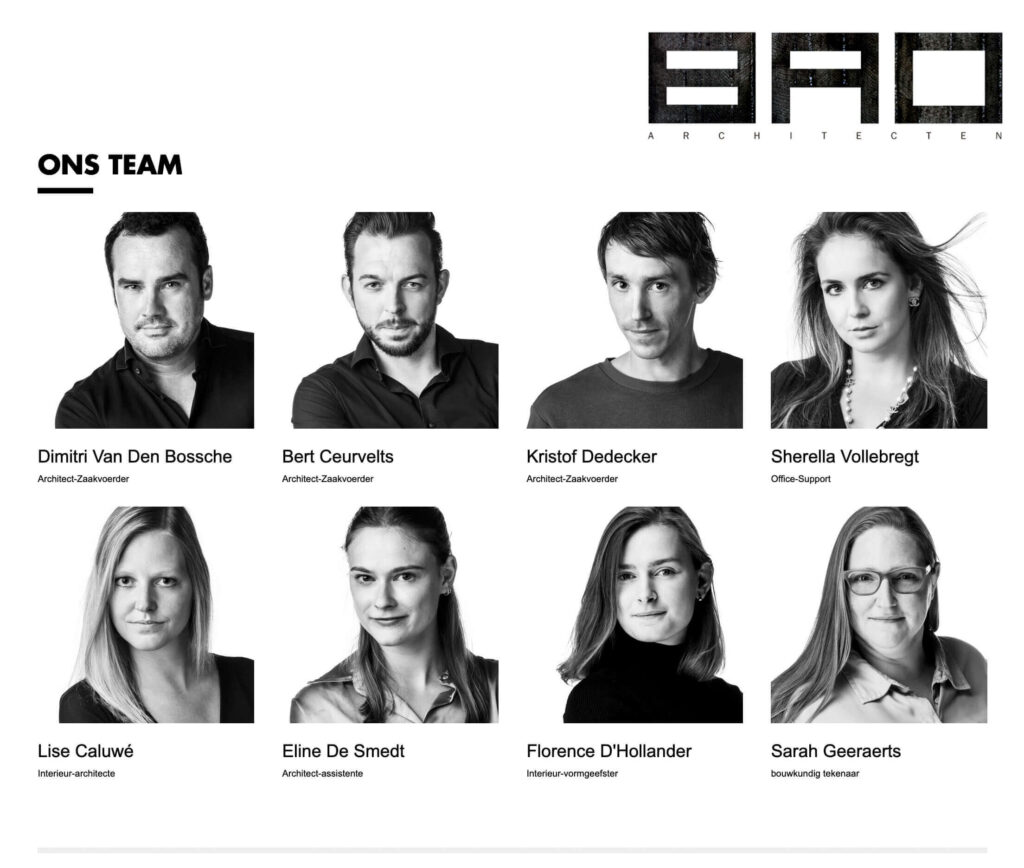 Over-ons-pagina van BAO-Architecten met teamportretten in één stijl
