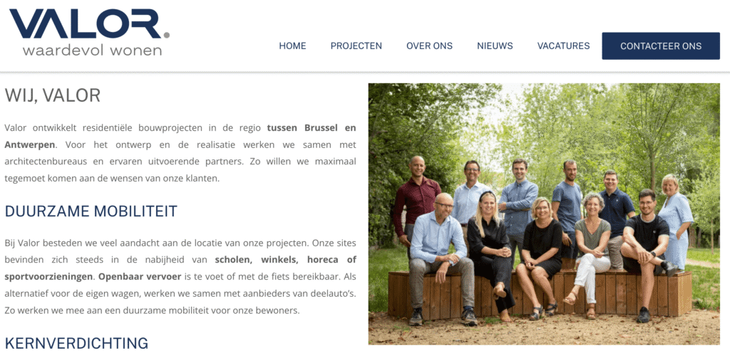Over-ons-pagina van projectontwikkelaar VALOR met teamfoto